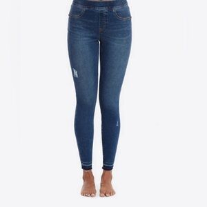 Spanx distressed pull-on skinny ankle jeans in a medium blue wash